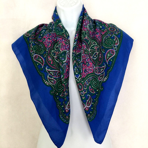 Laura Borghese Italy Designer Colorful Paisley Square Scarf Blue Green Pink Vtg - Picture 4 of 9